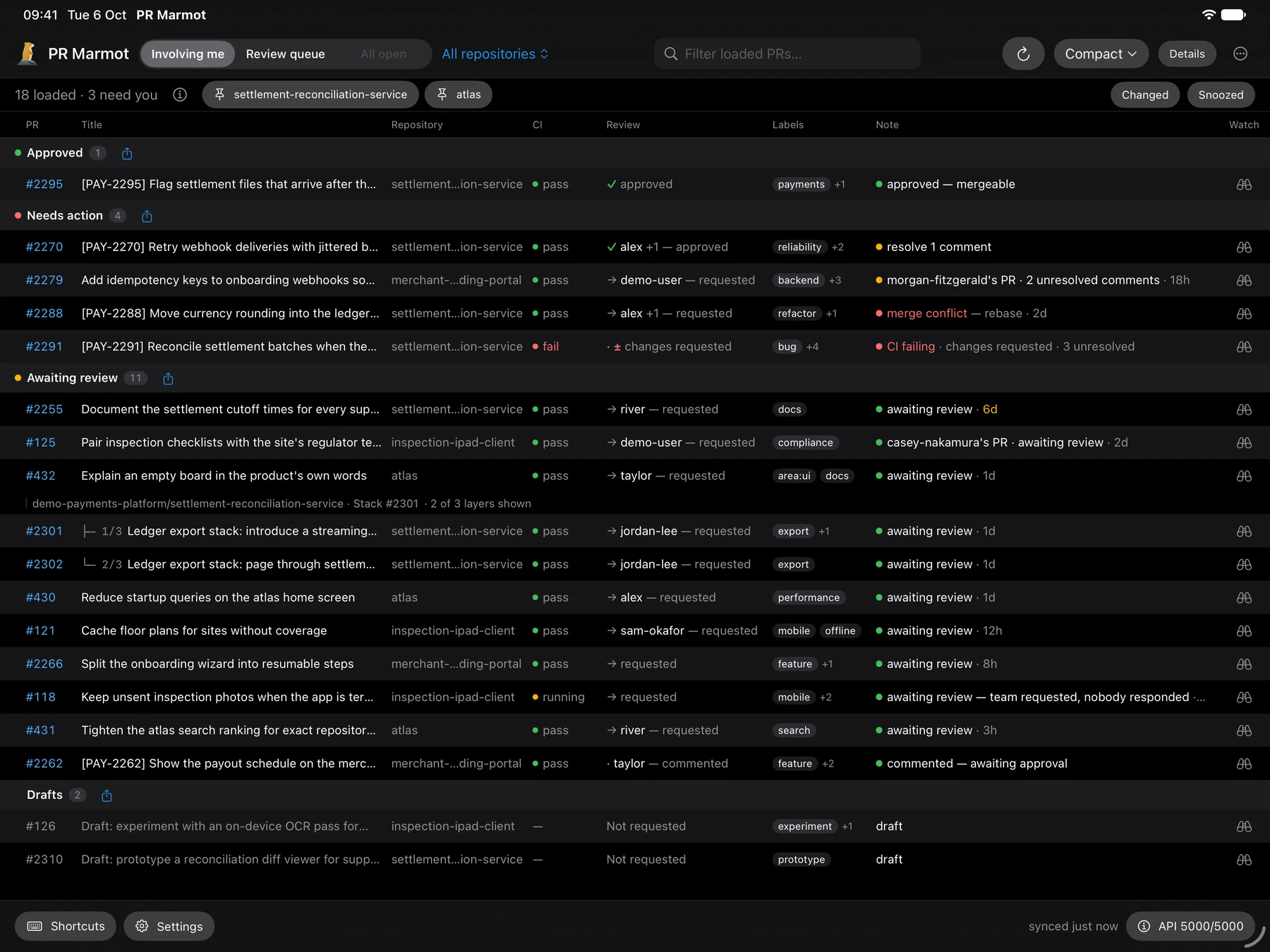 PR Marmot’s native iPad dashboard with CI, reviews and plain-language Notes; a Note detail on small screens