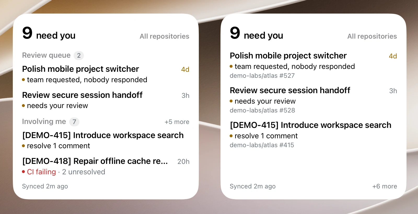 PR Marmot Home Screen widgets showing nine pull requests needing attention and ‘Synced 2m ago’